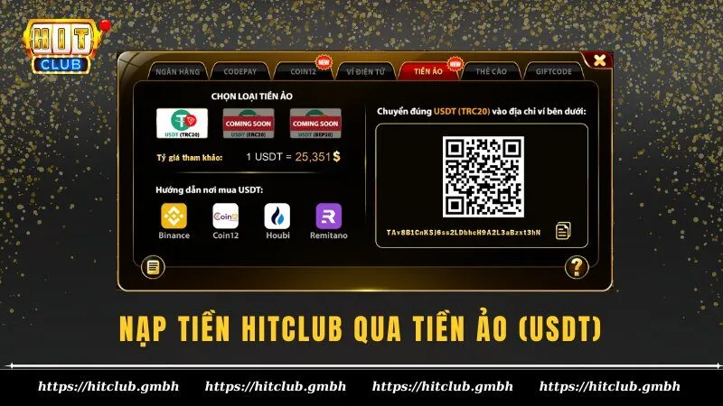 Nạp tiền HITCLUB qua tiền ảo (USDT) Nạp tiền HITCLUB qua tiền ảo (USDT)
